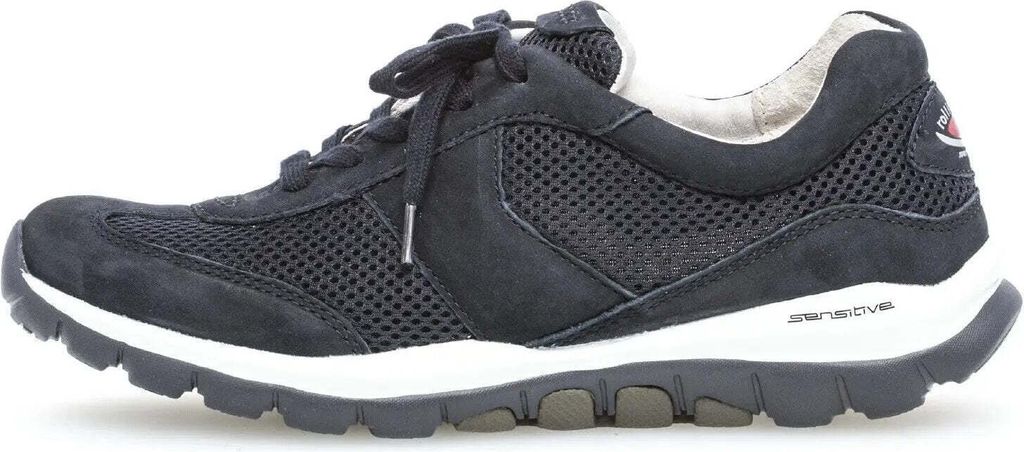 A side view of a dark blue sneaker on a white background.