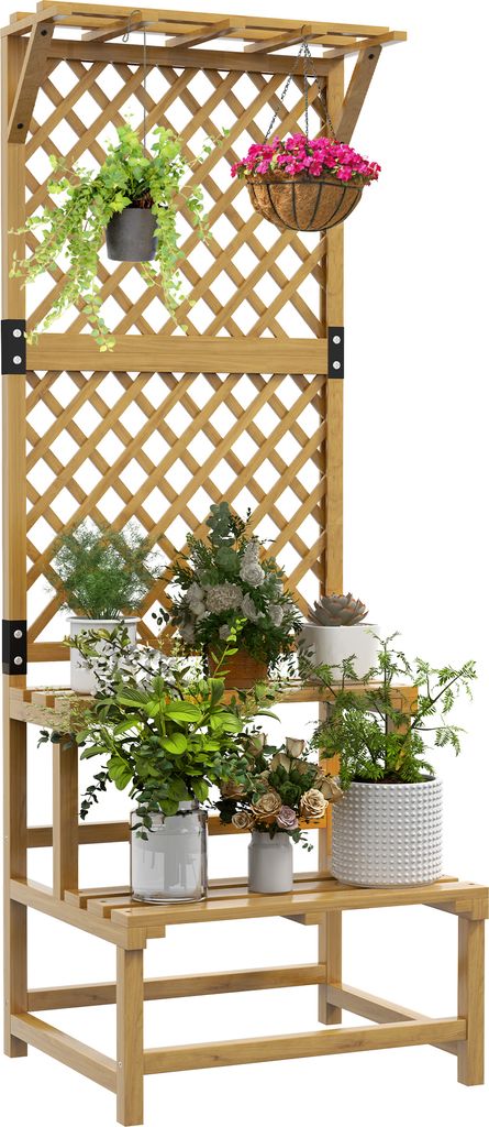 A wooden plant stand with multiple tiers and a trellis back, adorned with various potted plants and hanging baskets.