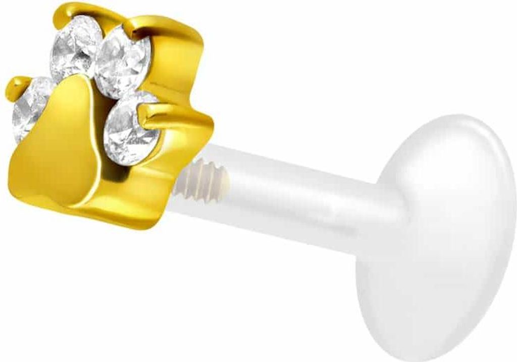 Ohrpiercing, Nasenpiercing PTFE Labret mit Innengewinde + Titan-Aufsatz KRISTALLPFOTE Gold Stablänge: 5mm | Stabstärke: 1,2mm