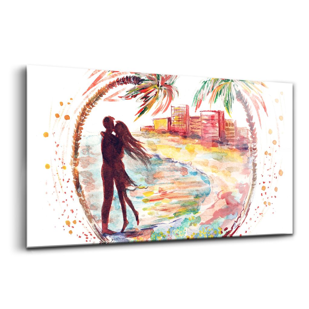 Glasbild - Dekorative Malerei - Moderne Malerei - 100x50 - Aquarell Liebe am Miami Beach