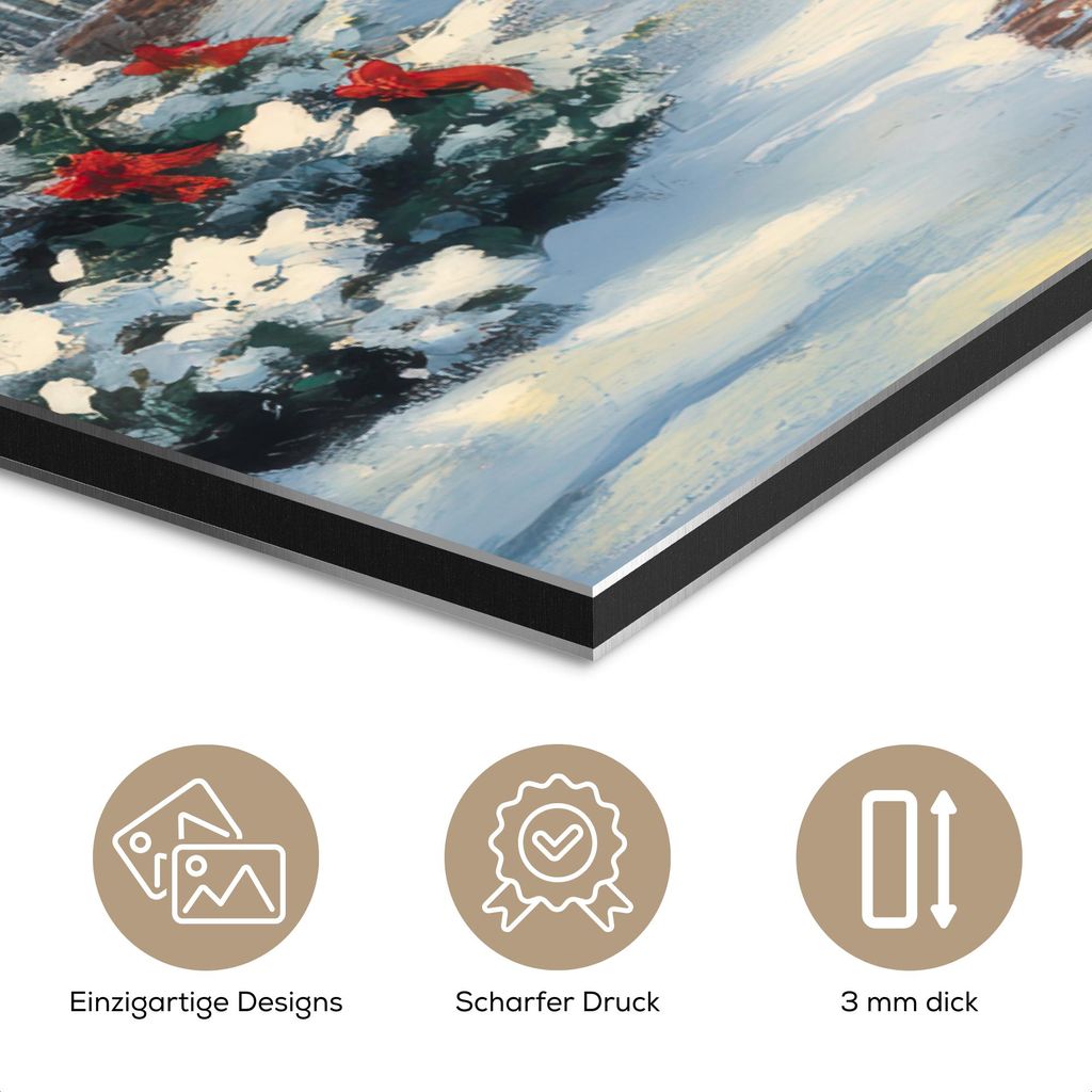MuchoWow Wanddekoration Metall Metallbild Wandkunst 100x150 cm Weihnachten - Weihnachtsbaum - Winter - Zuhause - Schnee MuchoWow Aluminium Gemälde...