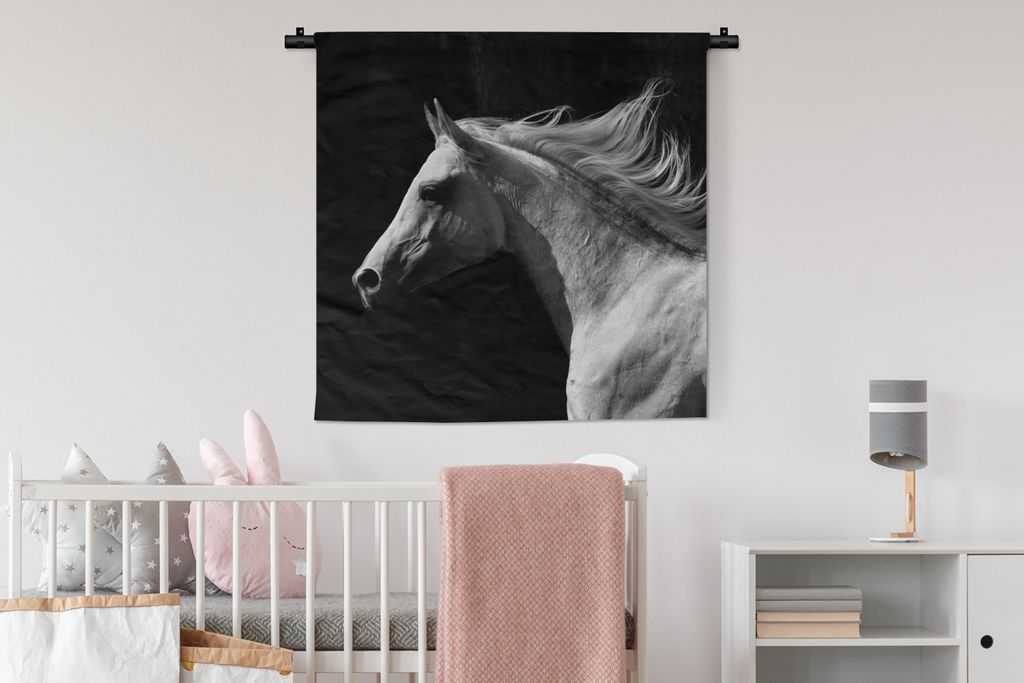 MuchoWow Wandteppich Wandbehang Pferd - Weiß - Schwarz 90x90 cm Tapisserie Dekoration Wandtuch - Wandaufhänger