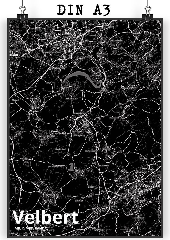 Mr. & Mrs. Panda Bild Velbert DIN A3 - Geschenk, wanddeko, drucke, Stadt, Kunstdruck, Deko, Dorf Karte Landkarte Map Stadtplan, Wandbild