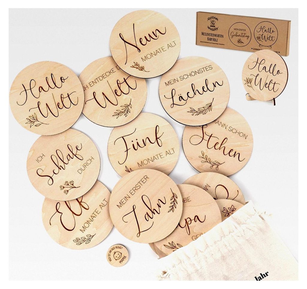 Holz Meilensteinkarten für Babys auf Deutsch - 30 wichtige Momente aus ausgewähltem Lindenholz inklusive praktischem Aufsteller, Geschenke zur Ge...