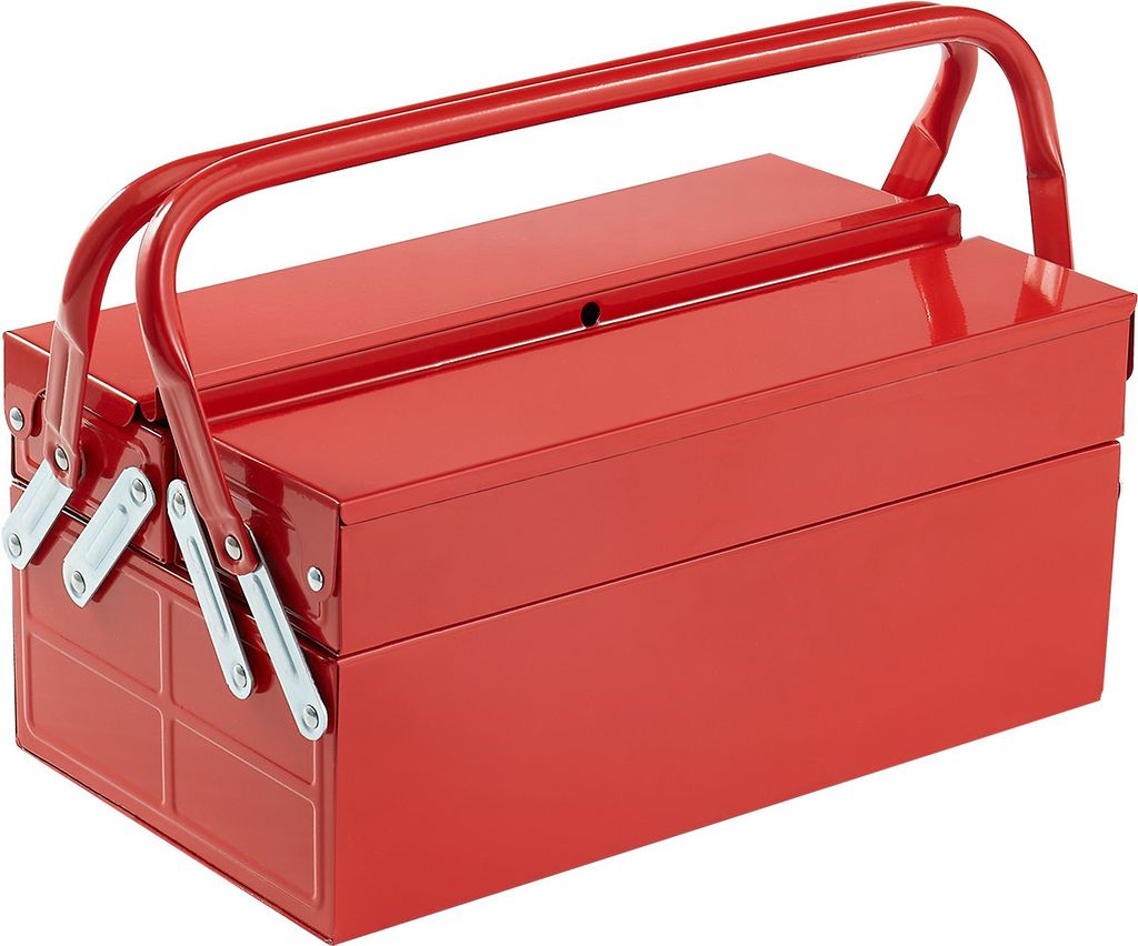 A red metal toolbox with a silver handle is shown against a white background.
