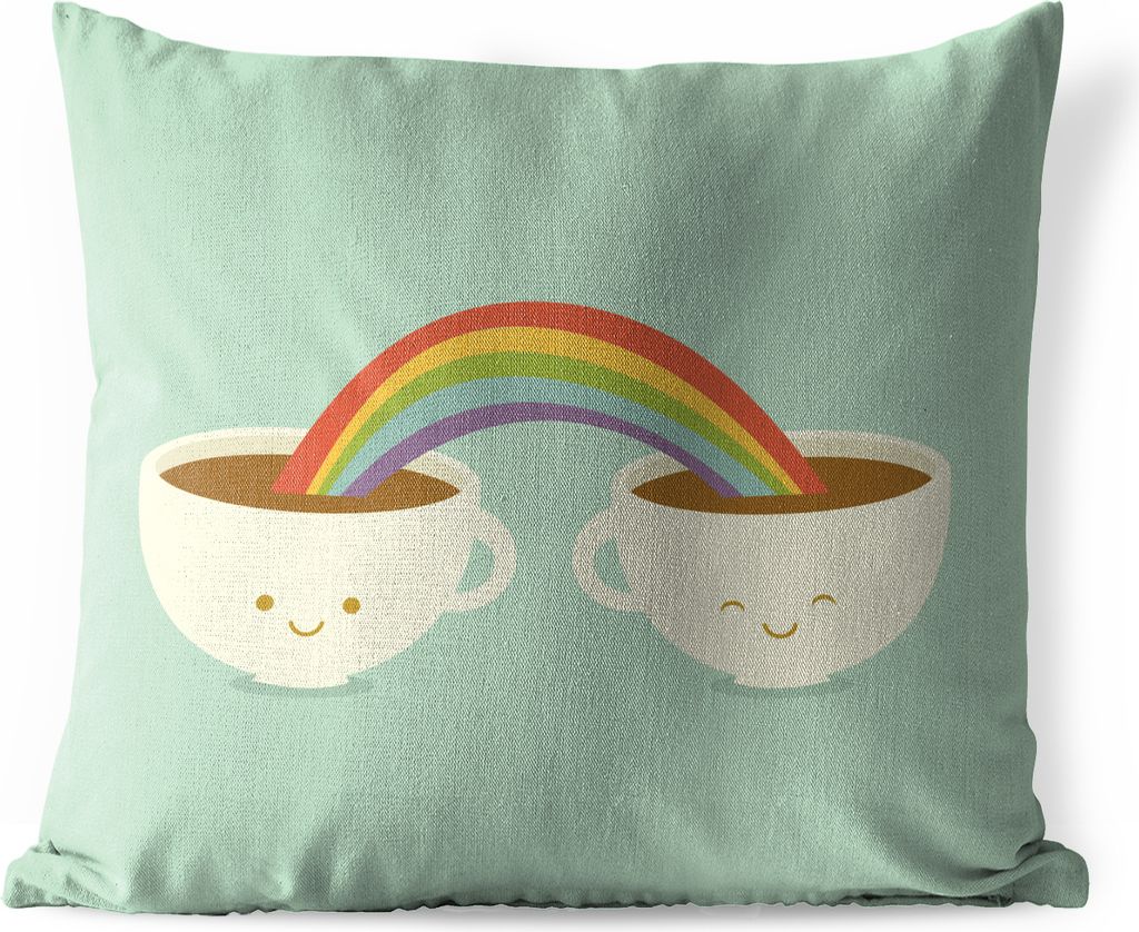 MuchoWow Outdoor Kissen - Eine Illustration eines Regenbogens über zwei Tassen Kaffee - 45x45 cm - Wetterfest - Lounge Kissen - Fotokissen - Dek...