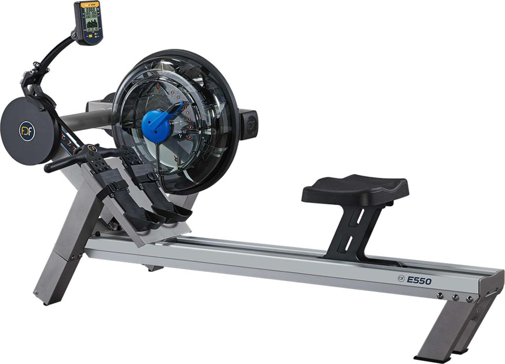 Fluid Rower Evolution E550 Rudertrainer - Herzfrequenzmesser - Rudergerät mit 10 widerständen - Heim-rudergerät - Wasserwiderstand - Silber
