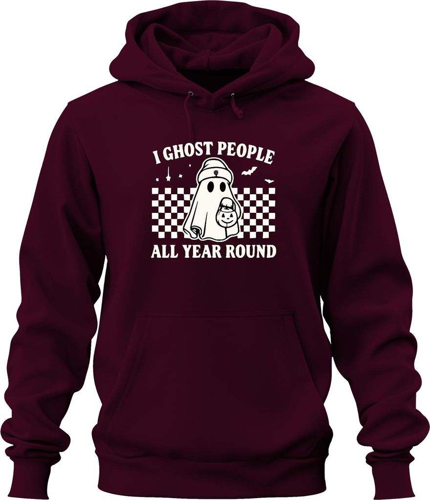 I ghost people all year round Halloween Geisterkostüm Retro Karo Uni Hoodie Kapuzenpullover, Burgundy, L