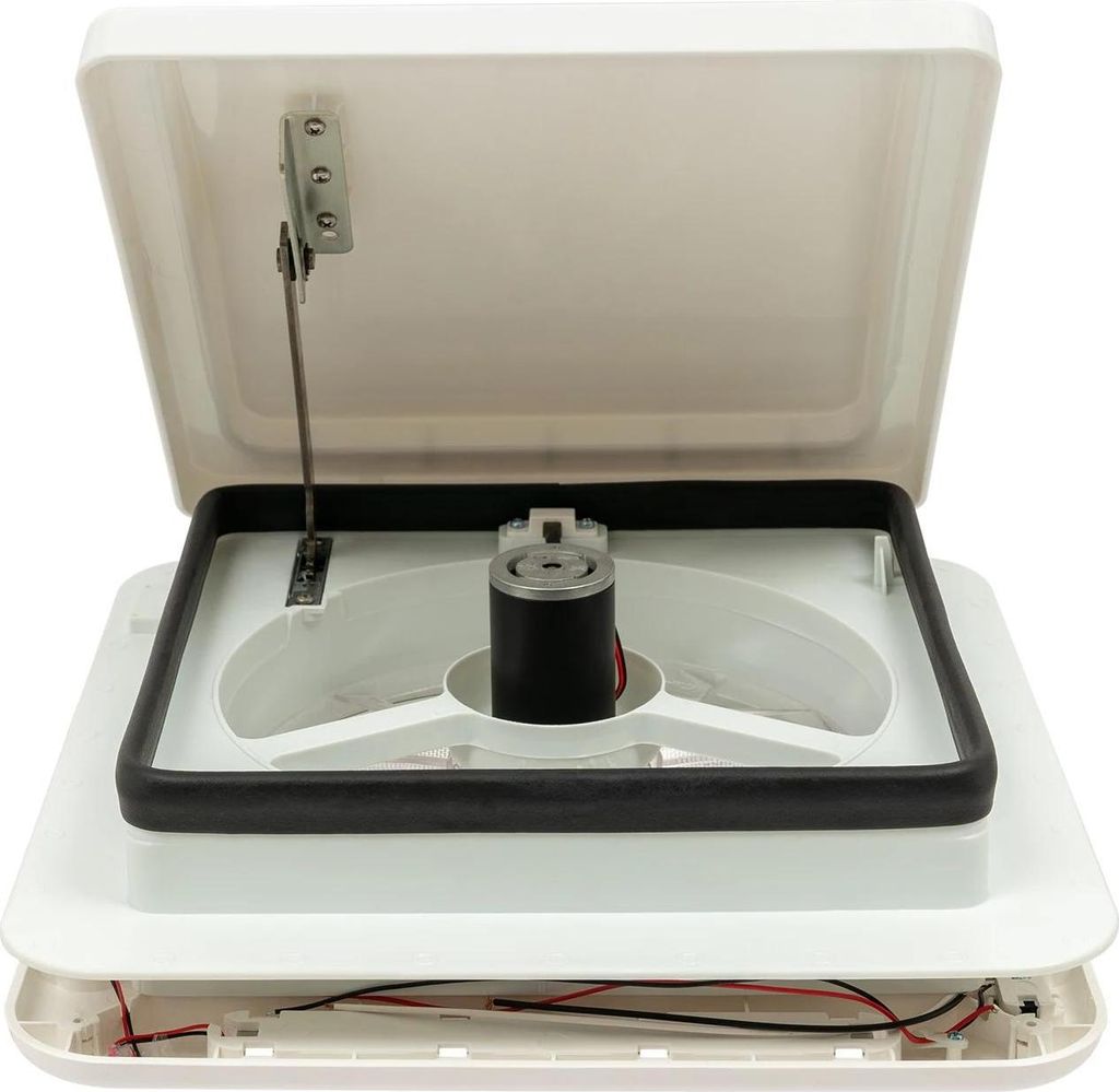 Dachluke mit Ventilator für Wohnmobil/Wohnwagen - 36x36 cm - 12V - 10 Flügel - 33 dB - LED-Licht - Insektenschutzgitter - Weiß