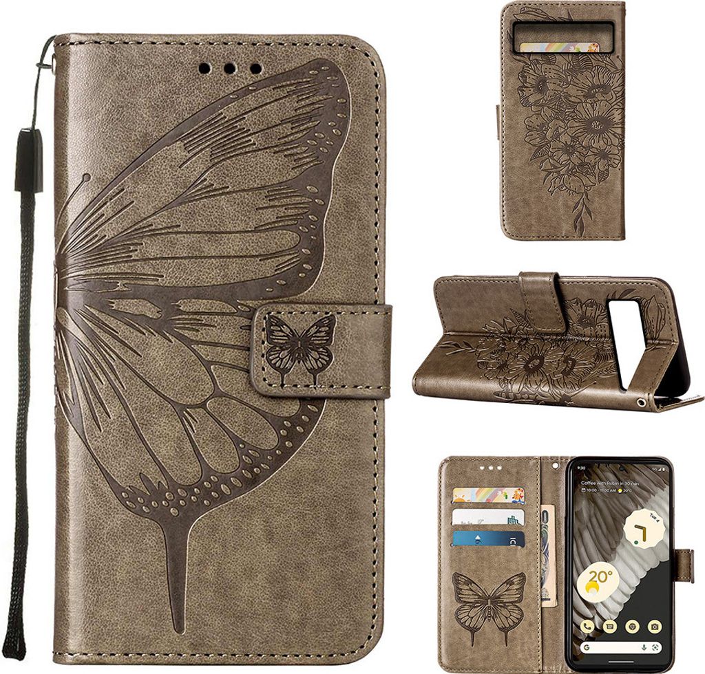 Lederhülle für Google Pixel 8 Schmetterling Prägung Flip Ledertasche Kartenfächer Handyhülle mit Ständer Grau