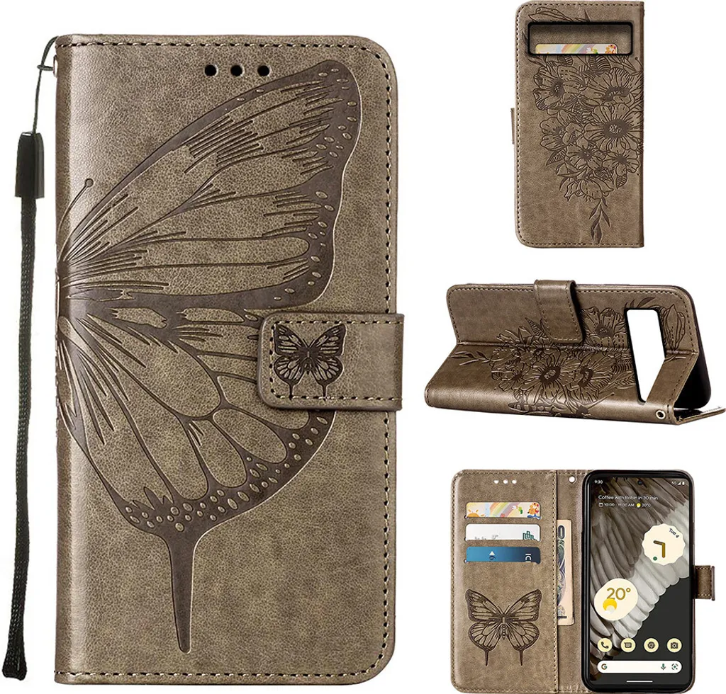 Cover Pixel 8 Pro Grigio Pelle Farfalla - Protezione 360 Gradi