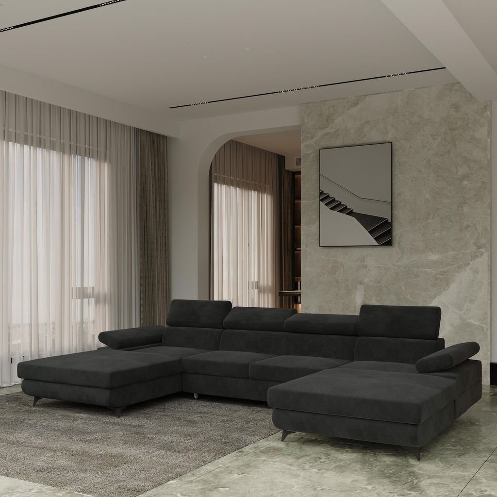 Masseno Ecksofa DETTI mit Schlaffunktion U-Form, Sofa mit Bettkasten, Wohnzimmersofa, Couch, Soffa, Bettsofa, Couchgarnitur- Schwarz, MONOLITH 95