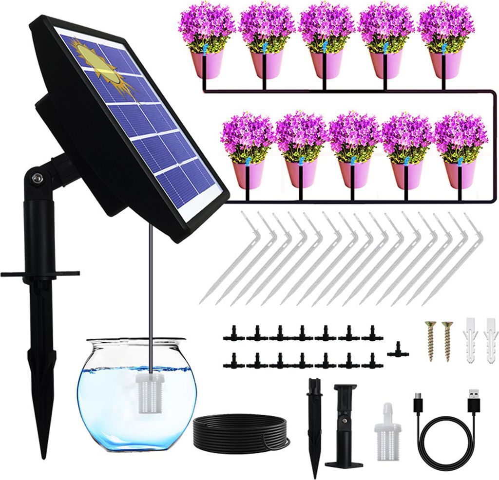 Automatisches Solar-Tropfbewaesserungsset, Anti-Siphon, solarbetriebenes Bewaesserungssystem fuer Garten, Balkon, 1šC600 Sekunden, Timer, einfache...