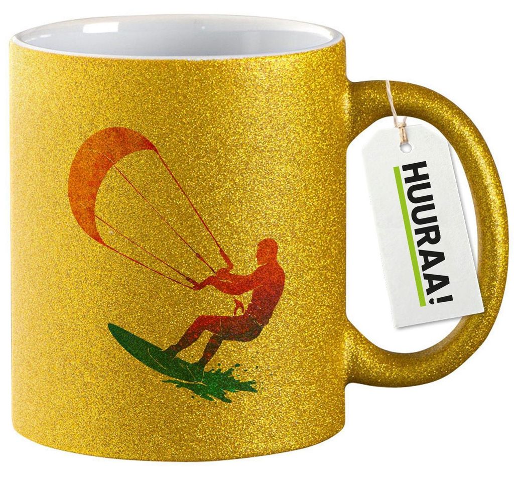 Huuraa Glitzertasse Kitesurfen bunte Silhouette 330ml Gold Keramik Kaffeebecher Geschenkidee