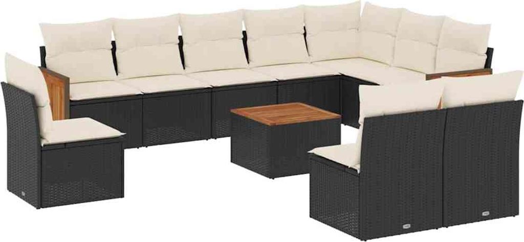 vidaXL 11-tlg. Garten-Sofagarnitur mit Kissen Schwarz Poly Rattan