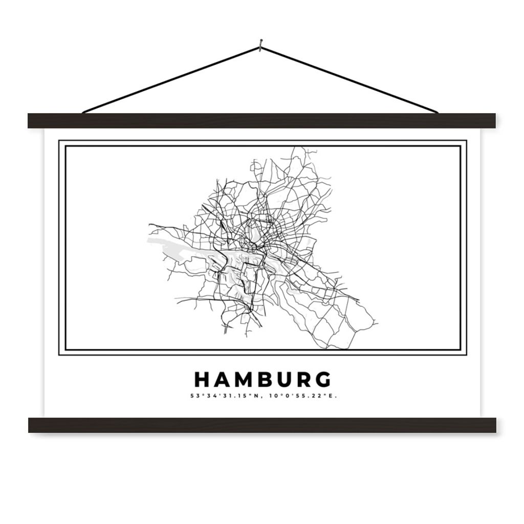 MuchoWow Textilposter Schwarz und weiß - Deutschland - Karte - Stadtplan - Hamburg 120x80 cm mit schwarzem Rahmen - Wanddeko