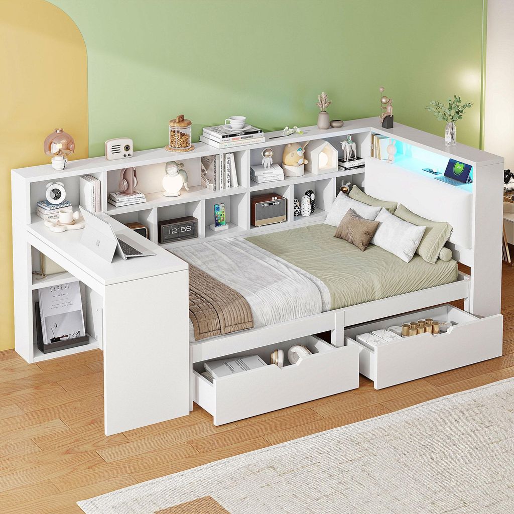 STILVORA 90x200 Jugendbett mit Schreibtisch und Bücherregal,Holzbett mit gepolstertem Kopfteil und Schubladen,Einzelbett mit LED-Leuchtung,ohne Ma...