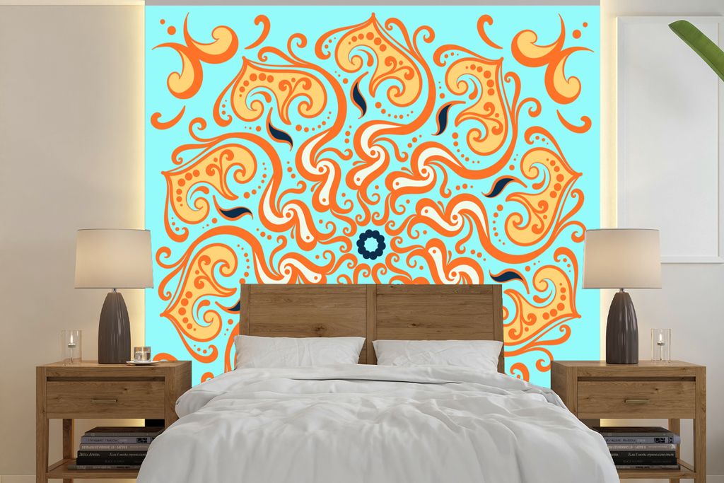 MuchoWow Fototapete für Wohnzimmer oder Schlafzimmer Wandtapete Vinyl Motivtapete Mandala - Blume - Orange - Blau - 220x220 cm - Tapeten