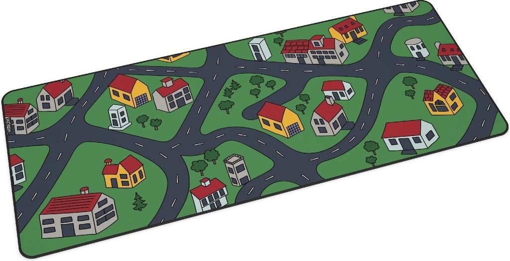 A cartoon-style mat depicting a city with roads and houses.