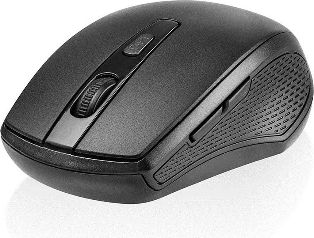 A black wireless computer mouse is shown from a slightly elevated side angle against a white background.