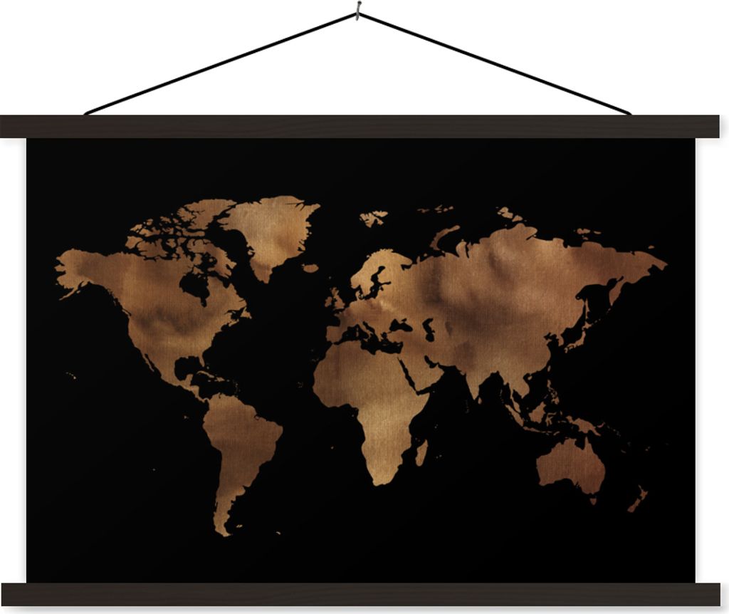 MuchoWow Textilposter Weltkarte - Schwarz - Bronze 90x60 cm mit schwarzem Rahmen - Aufhängungssatz