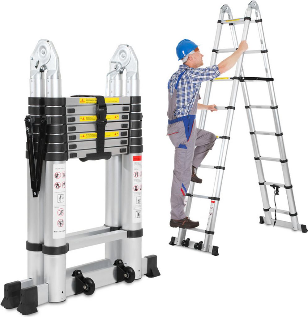 TolleTour Teleskopleiter Multifunktionsleiter Ausziehleiter 1,9M+1,9M Klappleiter 12 Sprossen Mehrzweckleiter
