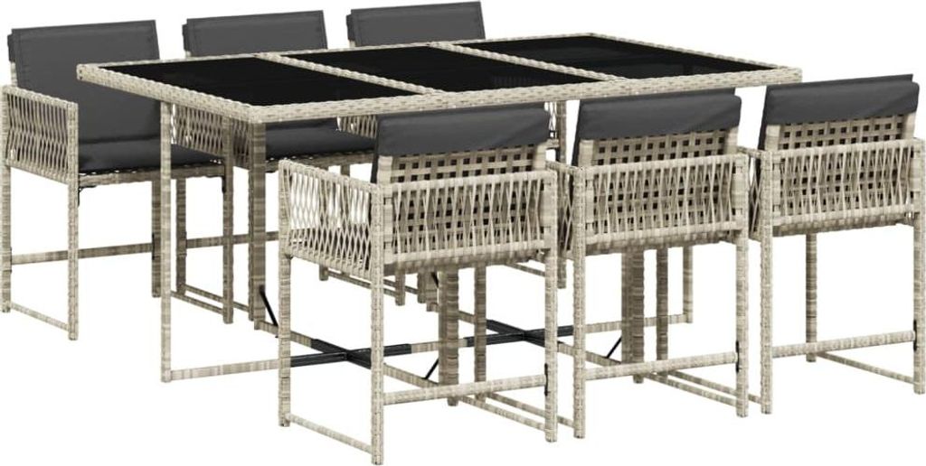 vidaXL 7-tlg. Garten-Essgruppe mit Kissen Hellgrau Poly Rattan
