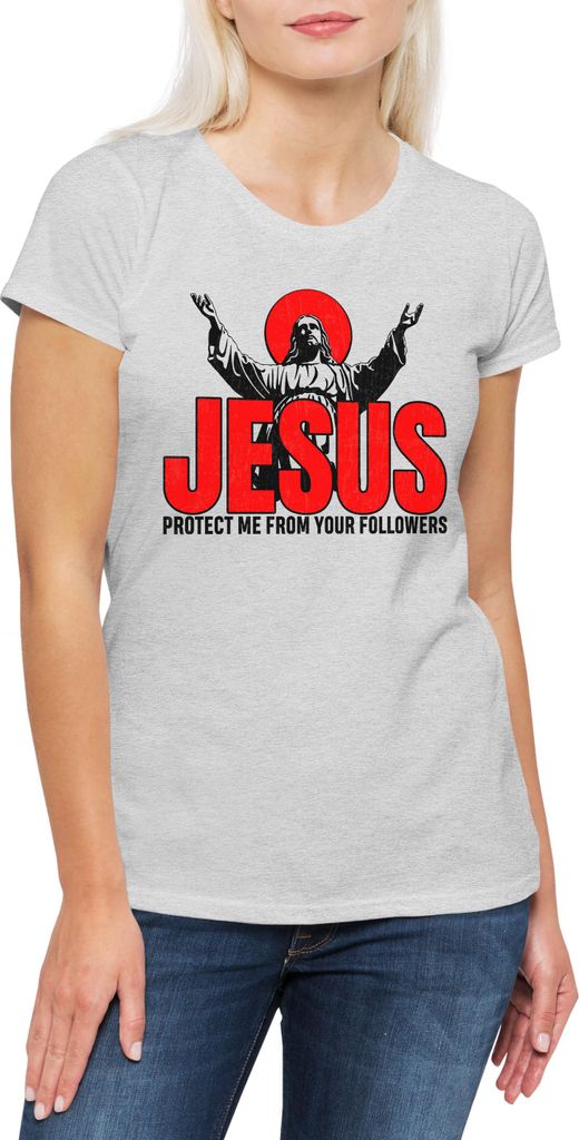 Urban Backwoods Jesus Protect Me From Your Followers, Damen T-Shirt, Farbe: Hellgrau, Größe: S