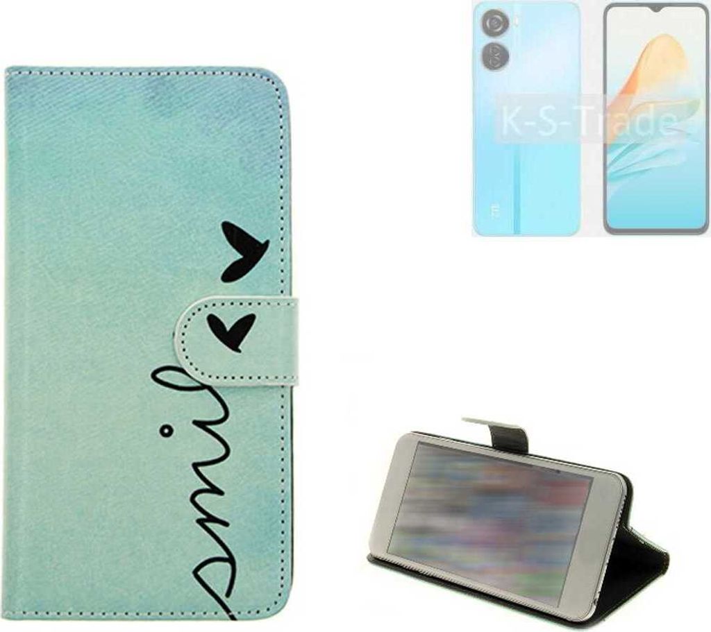 K-S-Trade Schutz Hülle Handy Hülle kompatibel mit ZTE Axon 40 Lite Hülle Handyhülle cover bookstyle Etui Handyhülle “smile“ türkis