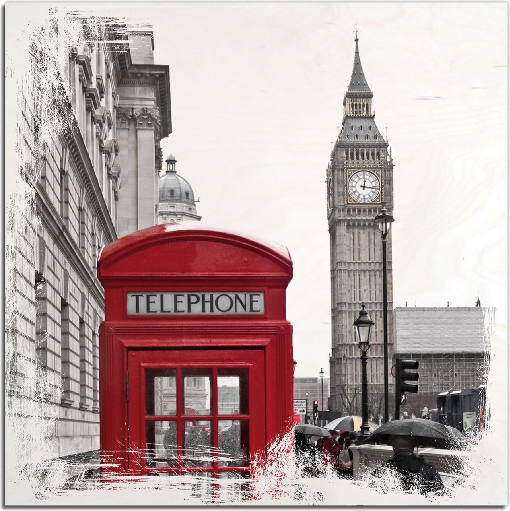 Kunstdrucke Wandbilder Holz in : Brillante Farben, Größe 50 x 50 cm Motiv Rote Telefonzelle in London England mit Big Ben