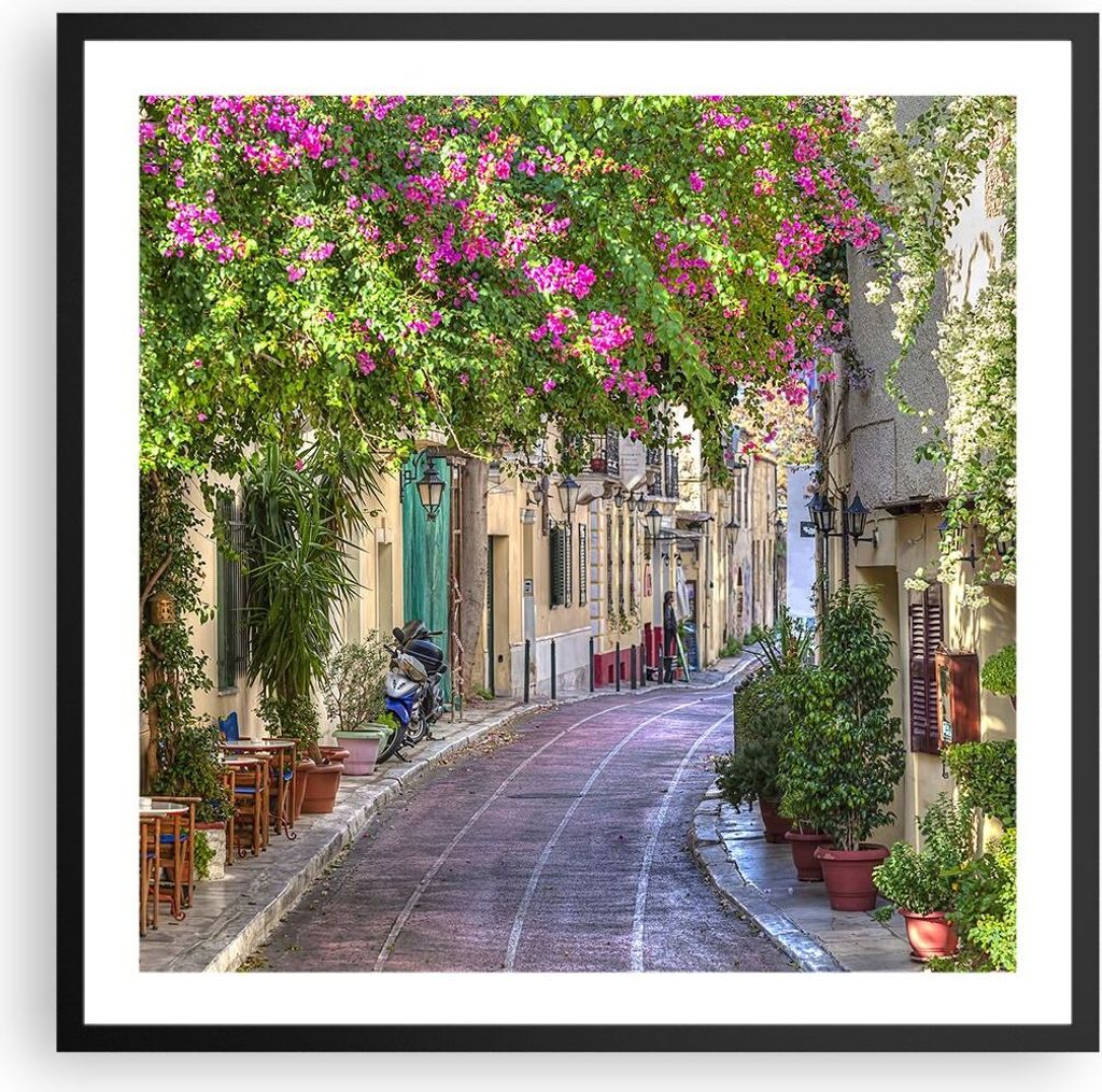 Gerahmtes Poster - Schwarzer Rahmen - Straße dekoration blumen griechenland - 60x60 cm - Wand Bild - Wanddeko - Wandbilder - Wandposter - Bilderra...