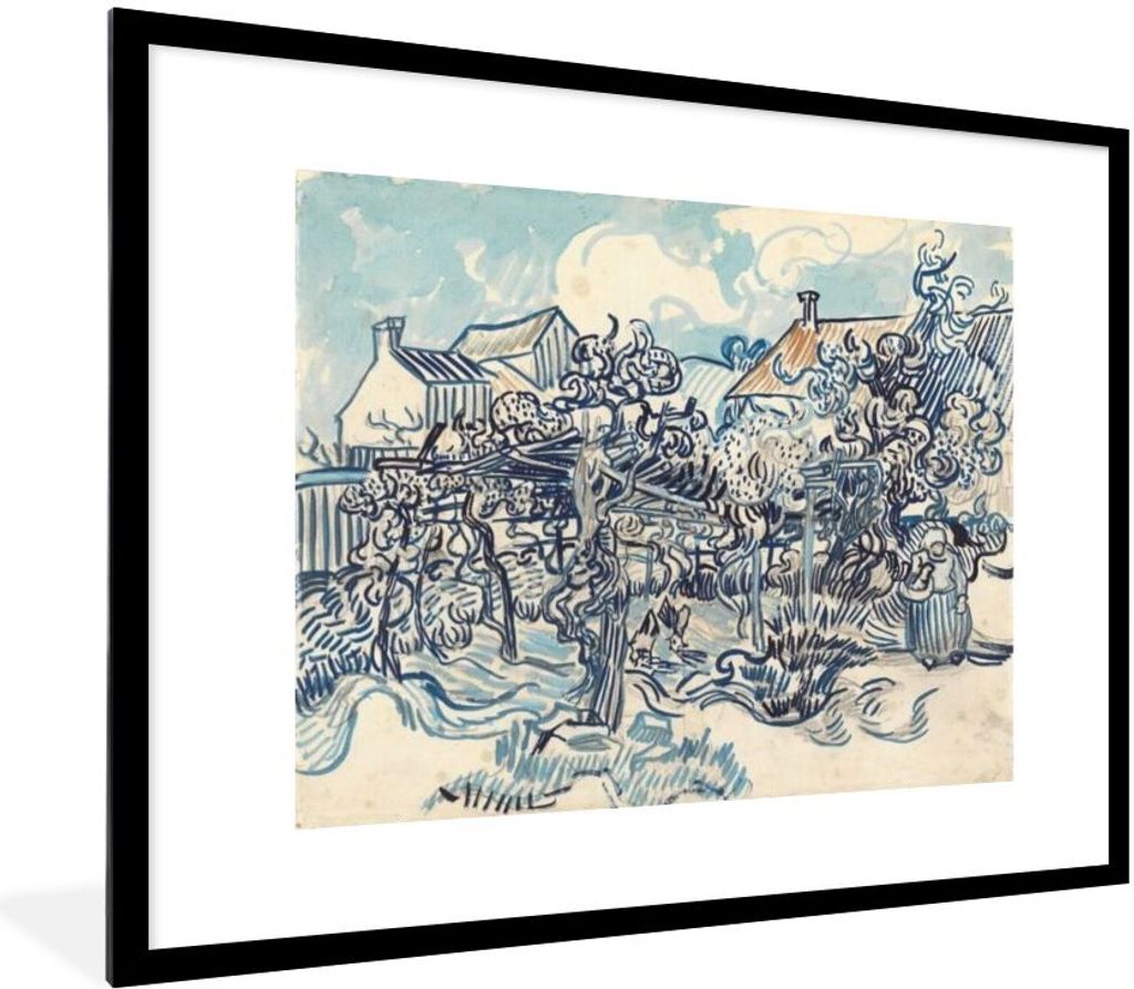 MuchoWow MuchoWow Gerahmtes Poster Alter Weinberg mit Bäuerin - Vincent van Gogh 80x60 cm - Poster mit zchwarzem Bilderrahmen - Schlafzimmer-D...
