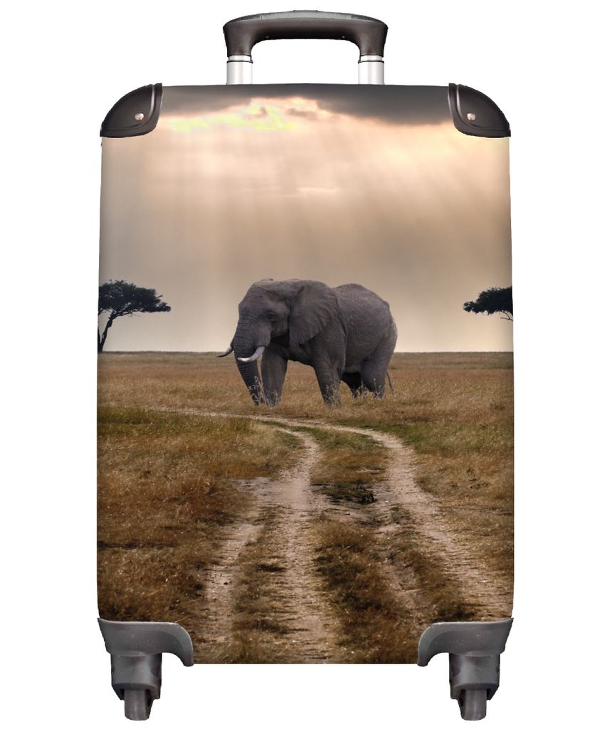 MuchoWow Koffer Handgepäck Trolley Rollkoffer Kleine Reisekoffer mit 4 Rollen - Elefant - Tiere - Wiese - Sonne - Cabin Size < 55x40x23 cm & 55x...