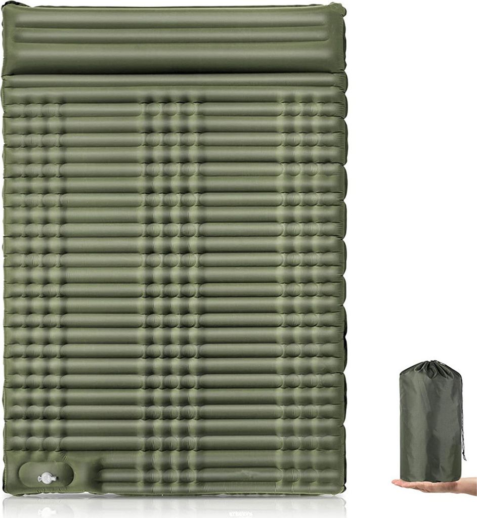 Doppeltes aufblasbares Campingbett, aufblasbare Isomatte, mit Pumpe und Kissen, 203x140x10cm, geeignet für Outdoor-Camping und Reisen, Militärgrün