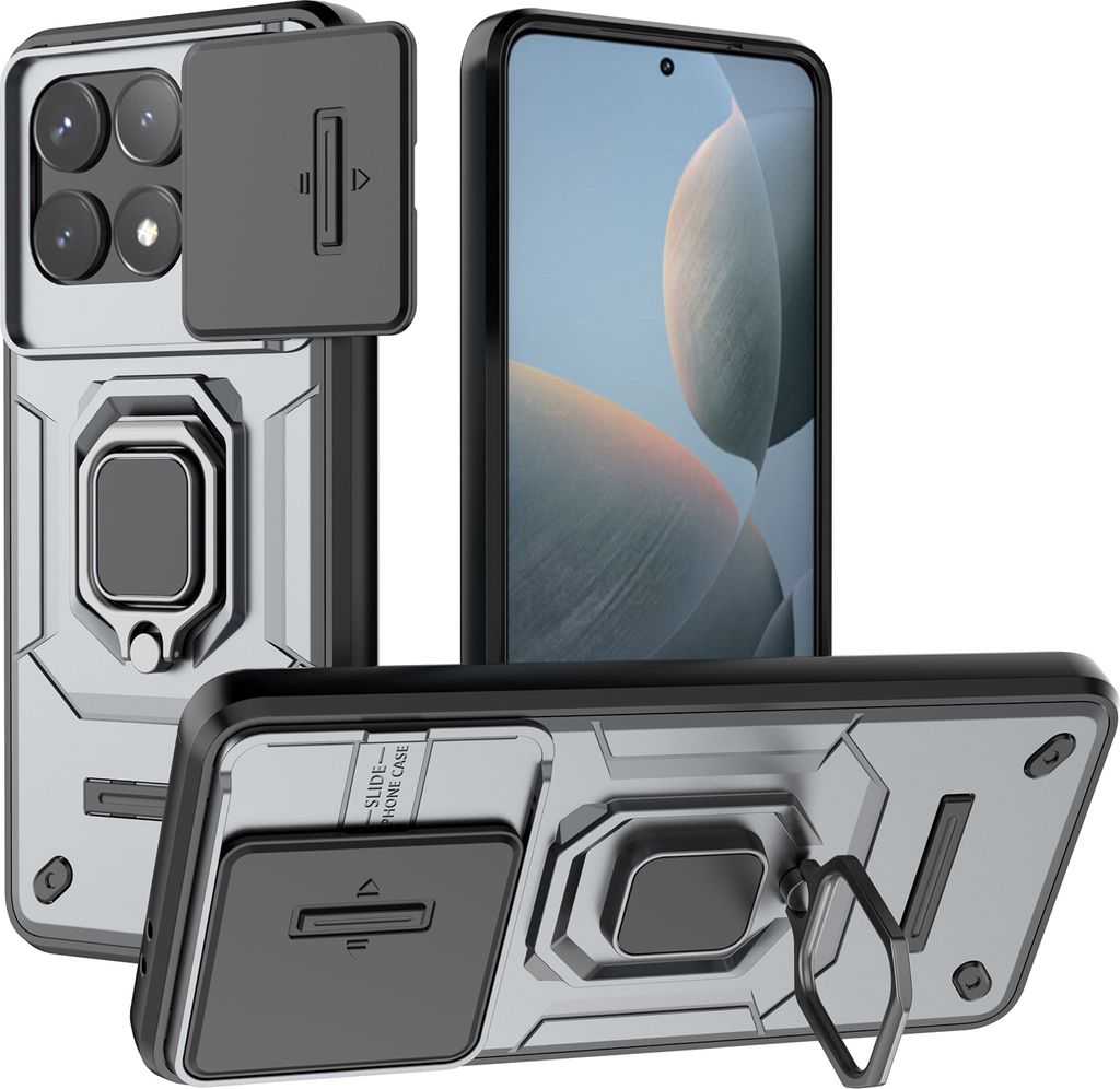 Hülle für Xiaomi Redmi K70 / K70 Pro Dual Layer Handyhülle Schiebe Kamera Schutz und Ringhalter Ständer Grau