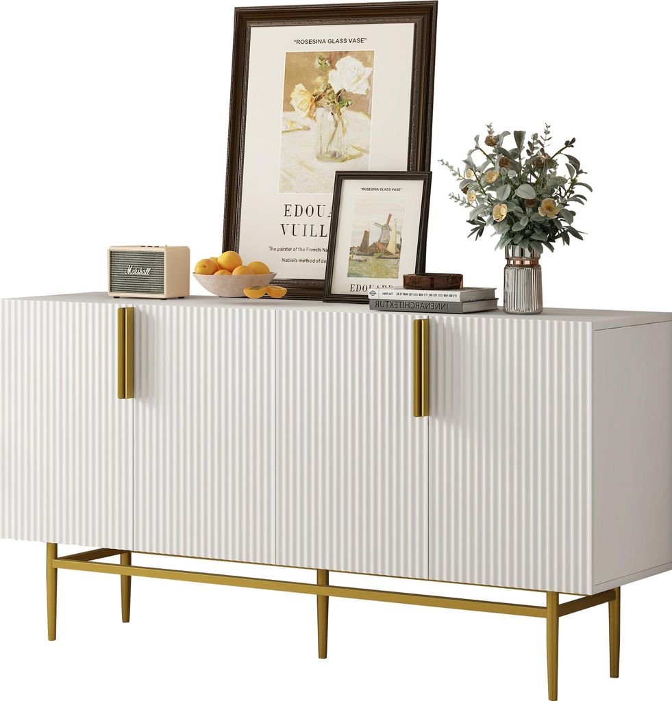 AIORBER Modernes Sideboard mit 4 Türen, goldfarbenem Metallgriff, verstellbaren Regalen, Stauraum, Metallbeinen, elegantes Design, Weiß/Schwarz