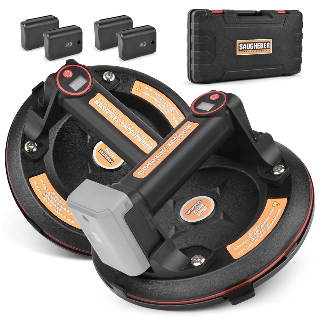 2X Elektrischer Saugheber mit 4 Akku, Glasheber Vakuumheber Max. 300kg, 8" Vakuum Saugnapf Fliesenheber, Glassauger Plattenheber für Laminat, Fliesen