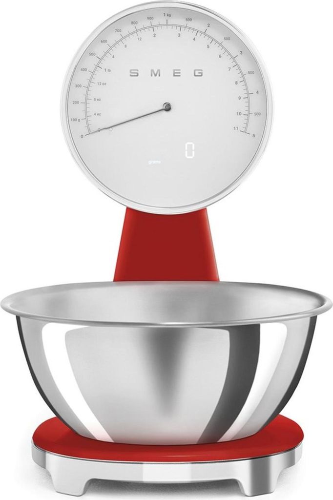 A red and silver kitchen scale with a stainless steel bowl.