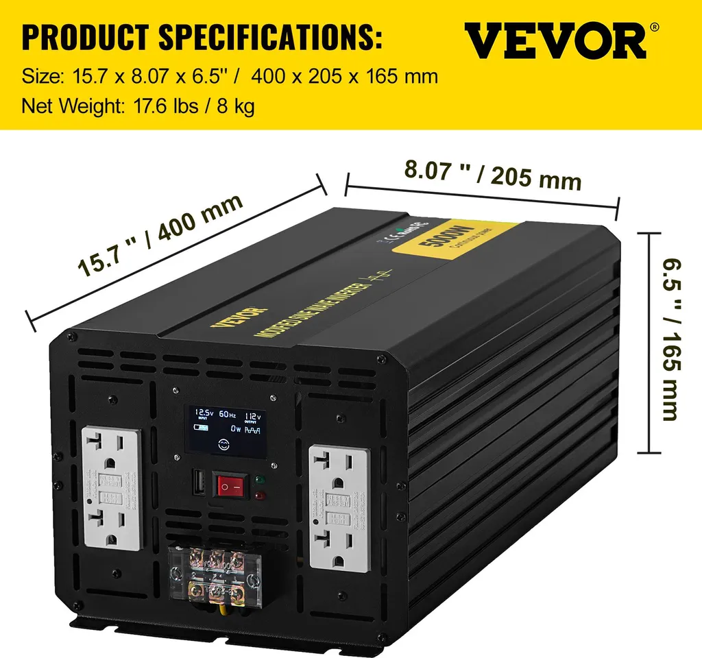 Onduleur 12V 110V 5000W avec Télécommande et Écran LCD Rétroéclairé