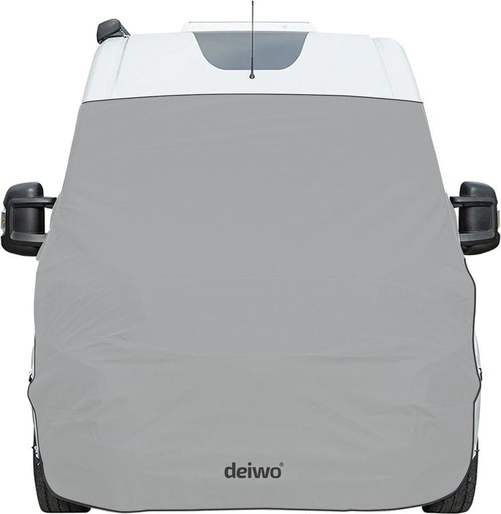 A grey protective cover for the front of a vehicle, specifically a Fiat Ducato, is shown from the front.