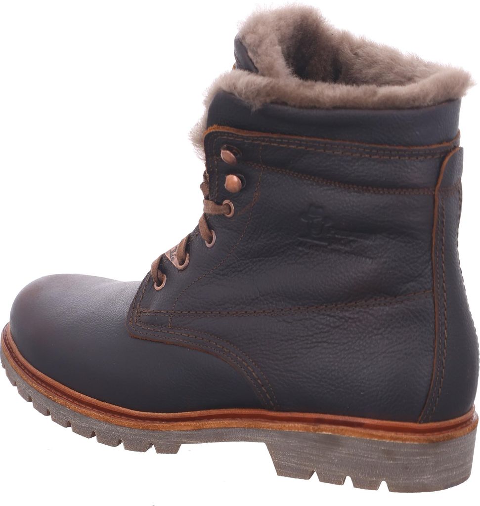 A side view of a brown leather boot with fur lining.