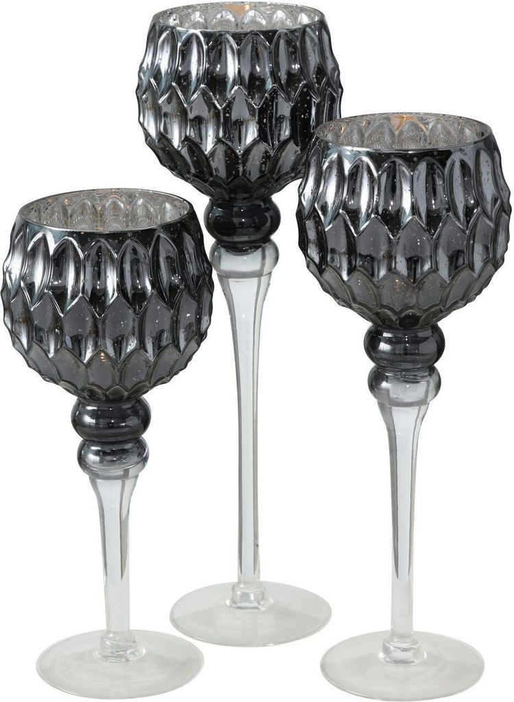 Windlicht Manou Glas lackiert grau-silber,  3er Set,  Deko Glas H 30-35-40cm
