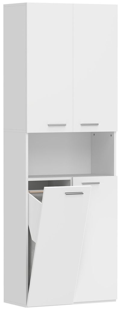 174 cm hoher Badezimmerschrank mit ausklappbarem Wäschekorb und Soft-Close-Türen, Weiß