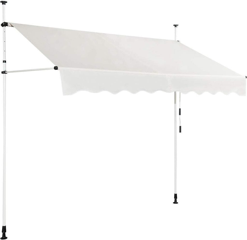 A white awning supported by poles, set against a white background.