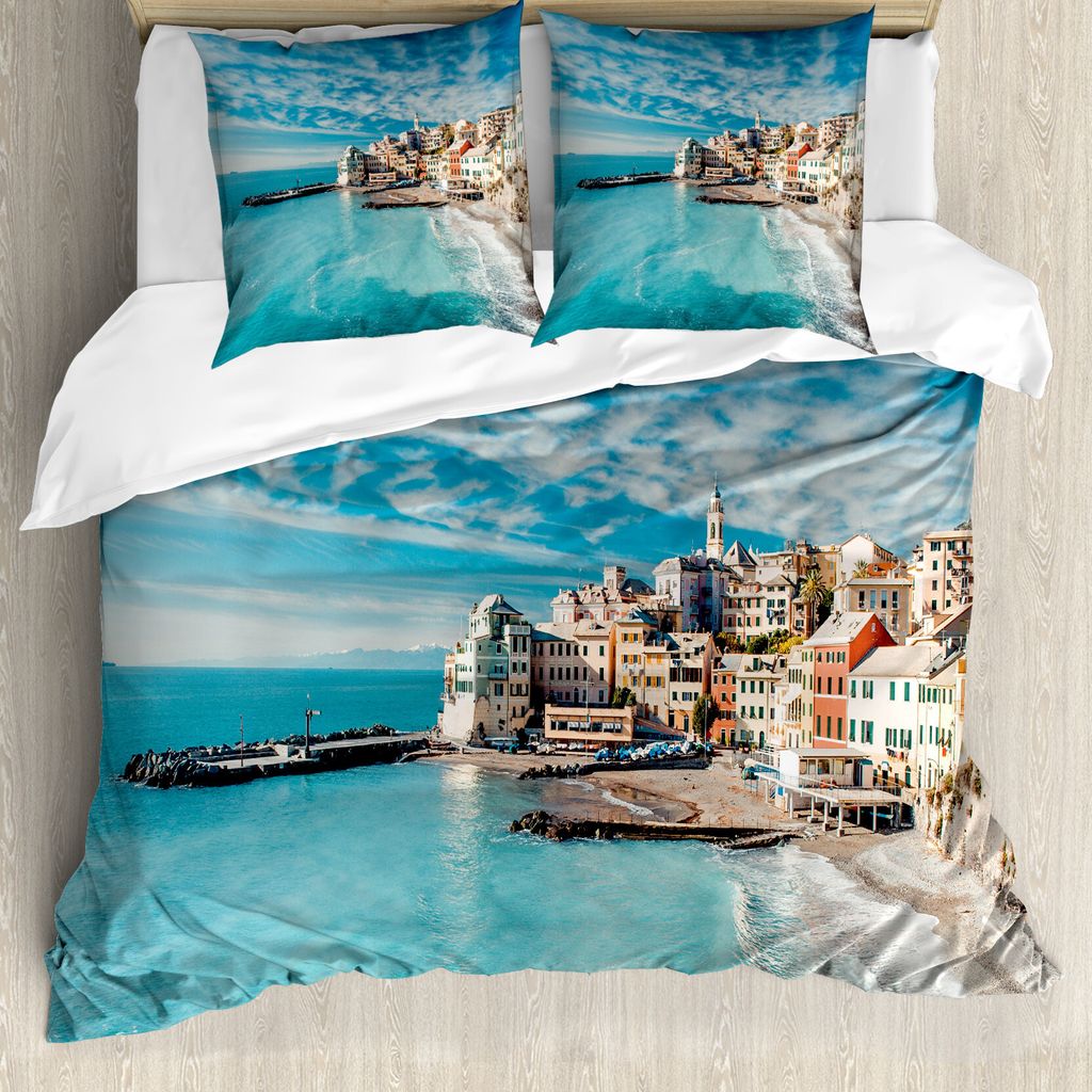 ABAKUHAUS Italien Bettbezug, Seascape Meer Küste, Milbensicher Allergiker geeignet mit Kissenbezügen, 155 cm x 220 cm - 80 x 80 cm, Türkis
