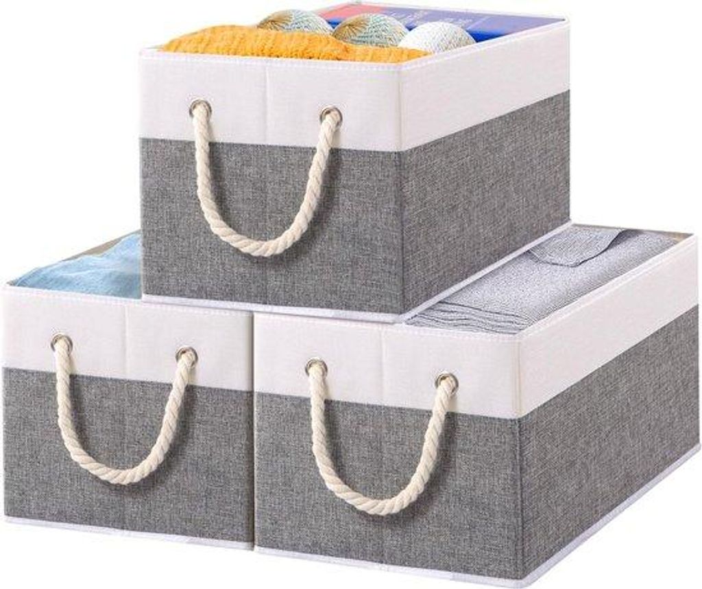 Famanu Aufbewahrungsbox Stoff - Faltbare Aufbewahrungsboxen - Waschbar - Offene Stoffbox - für Schlafzimmer - Kleideraufbewahrung - Weiß/Grau -