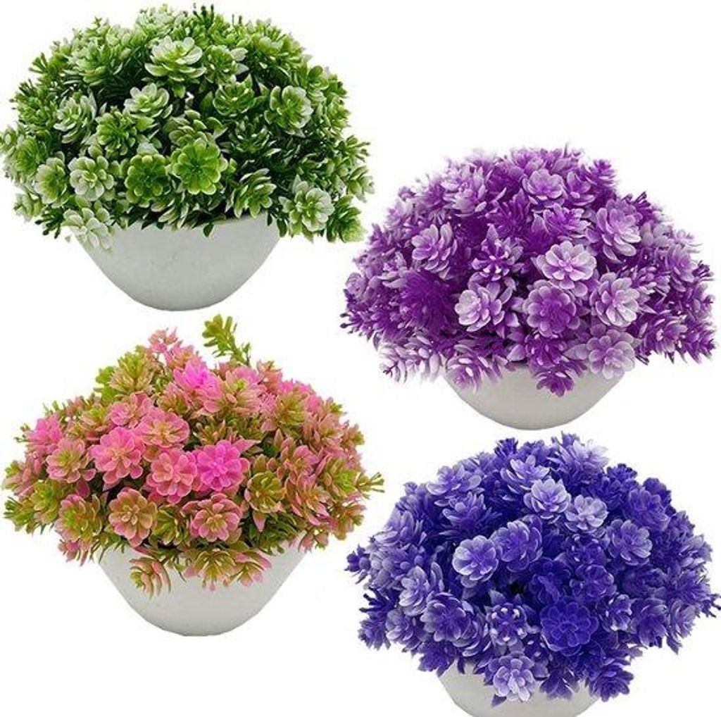 Mini kunstmatige bonsai planten in pot, 4 stuks, voor woonkamer, kantoor, balkon en bruiloft decoratie