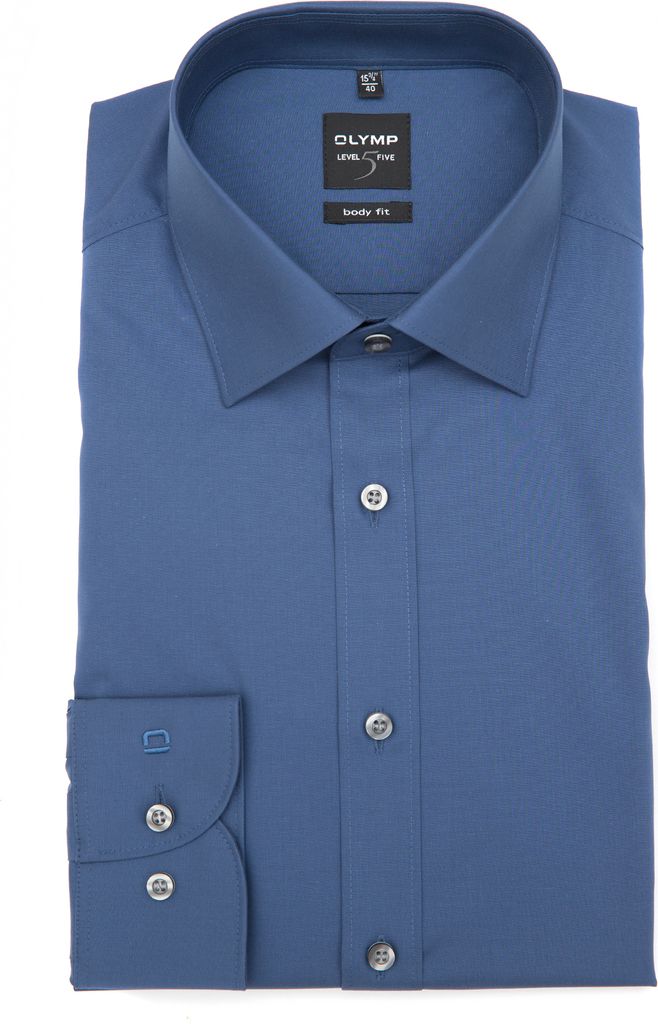 Olymp Level 5 Hemd Body Fit mittelblau mit Kent Kragen - 45
