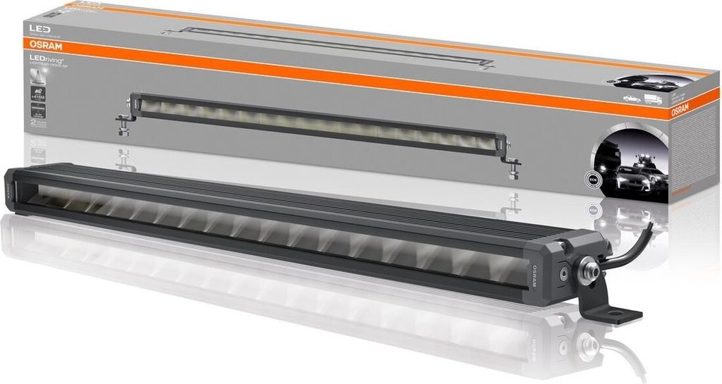 A product shot of an OSRAM LED light bar and its packaging.