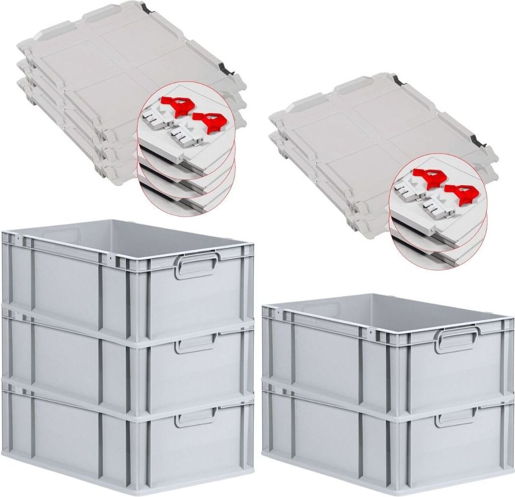 SuperSparSet 5x Eurobox NextGen Grip mit Scharnierdeckel und roten Schiebeschnappverschlüssen | HxBxT 22x40x60cm | 44 Liter | Grau | Griffe geschl...